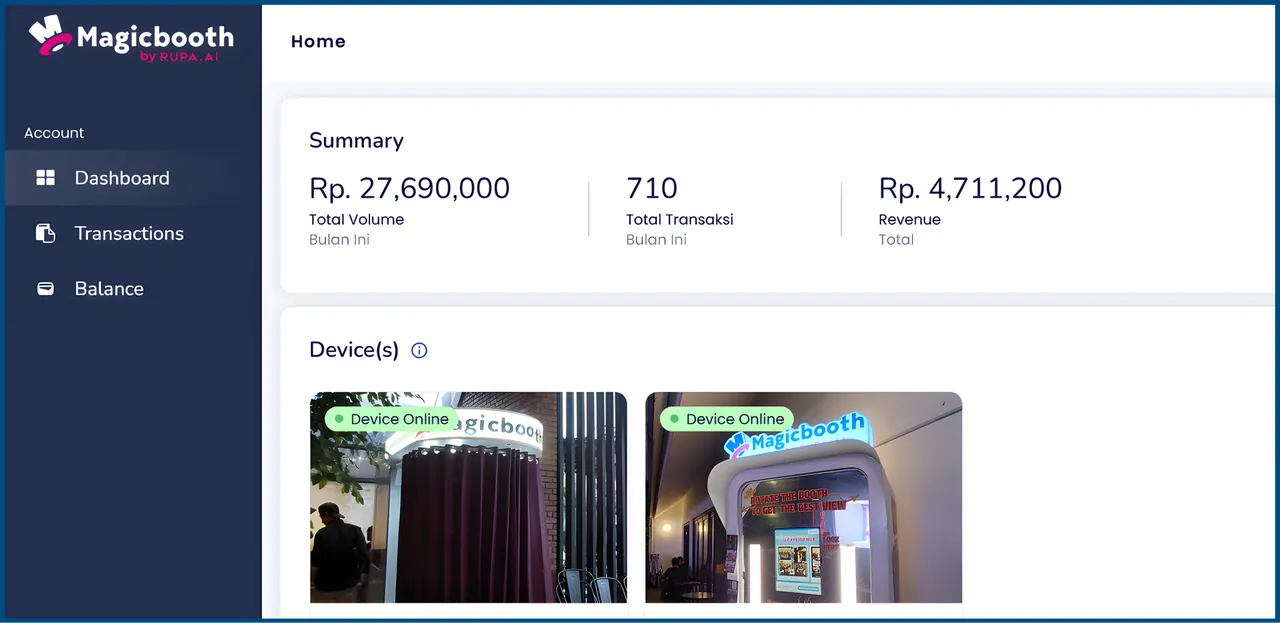 Dashboard preview showing transaction summary, revenue, booth status, and order graph